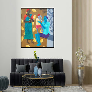 'Sweet Family (Mother and Child)' painting by Abhiram Bairu shown on a wall in a furnished room.
