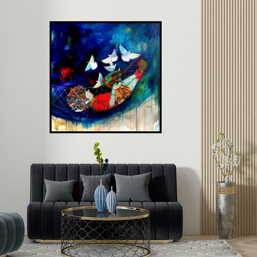 Shiv Kumar Soni's 'The Swinging Childhood Ii' painting visualized above a sofa in a contemporary room.