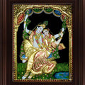Religious tanjore traditional art titled 'Swinging Radha Krishna Tanjore 2', 24x18 inches, by artist Myangadi Tanjore on Plywood