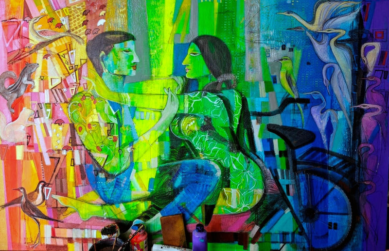 The Swings' contemporary acrylic painting by artist Madan Lal, 44x70 inch, on canvas
