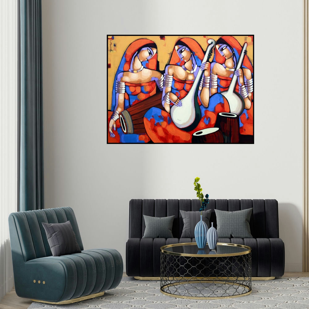 Sekhar Roy's 'Symphony 3 (Symphony of Souls)' painting visualized above a sofa in a contemporary room.