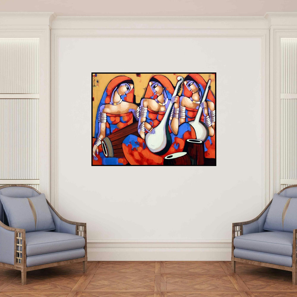 'Symphony 3 (Symphony of Souls)' painting by Sekhar Roy shown on a wall in a furnished room.