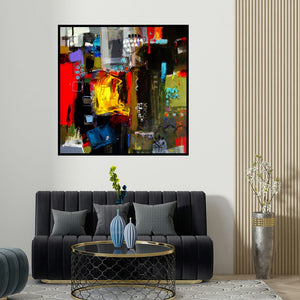 Niladri Paul's 'Symphony (Urban Symphony)' painting visualized above a sofa in a contemporary room.