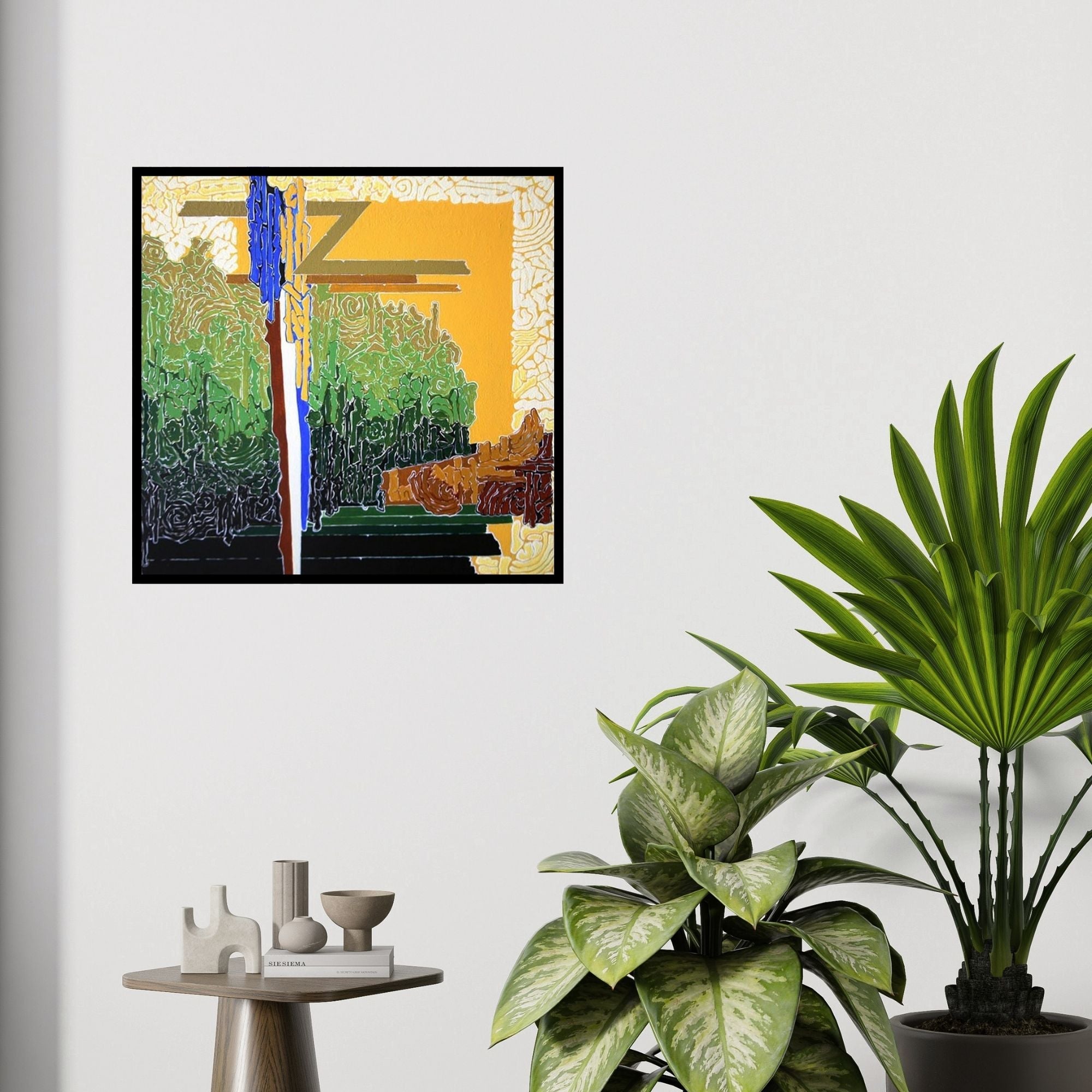 In-situ view of Veena Chitrakar's 'Symphony In Green Yellow (Symphony in Green and Yellow)' painting in a room