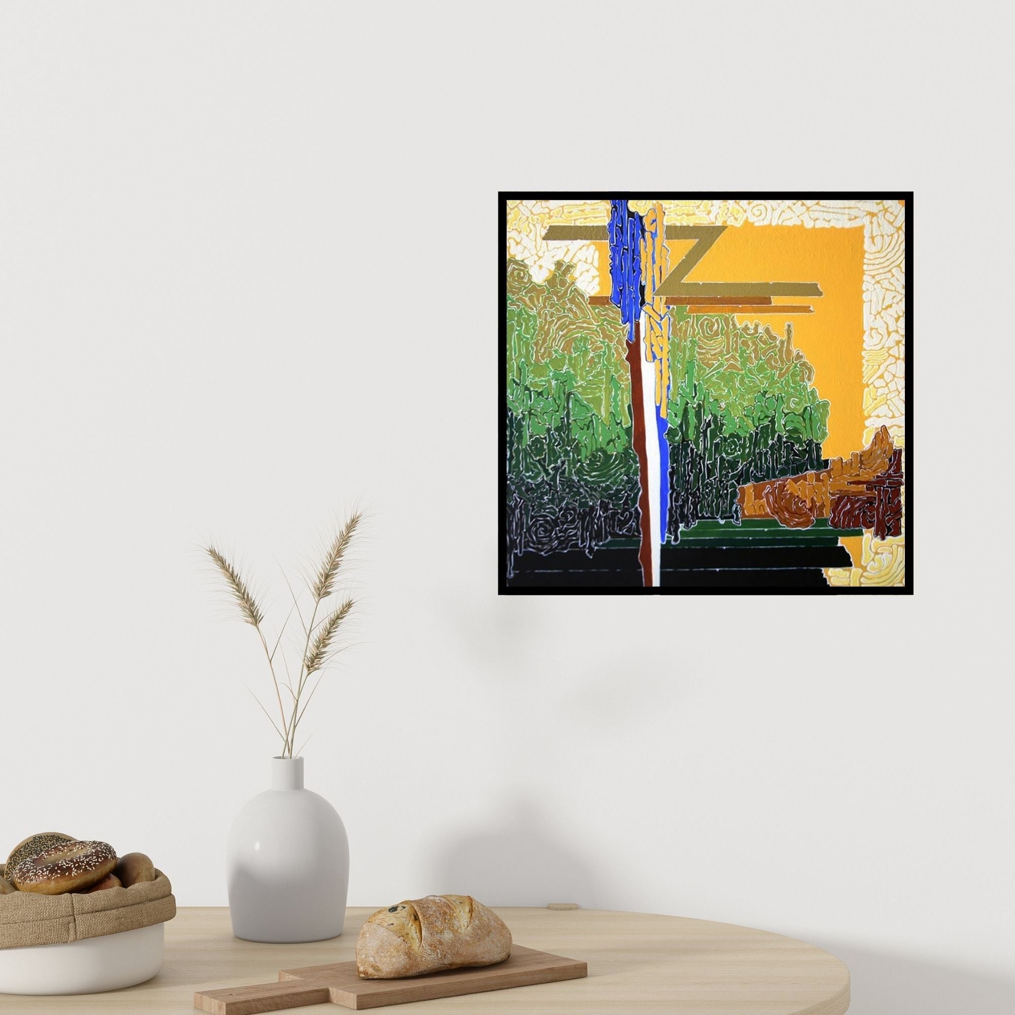 Preview of 'Symphony In Green Yellow (Symphony in Green and Yellow)' Painting by Veena Chitrakar shown on a wall in a furnished room.