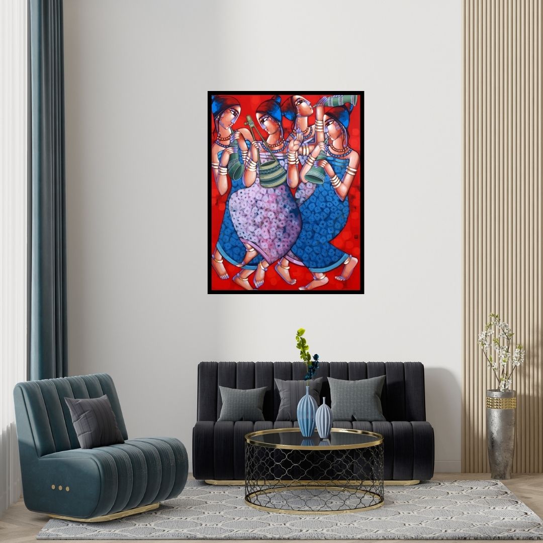 Preview of 'Symphony Of Happines 2' Painting by Sekhar Roy shown on a wall in a furnished room.