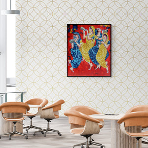 Preview of 'Symphony Of Happiness (Symphony of Joy)' Painting by Sekhar Roy shown on a wall in a furnished room.