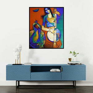 Arvind Kolapkar's 'Symphony I (Celestial Melody: A Muses Enchantment)' painting visualized above a sofa in a contemporary room.