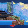 Abstract acrylic painting titled 'Symphony in Blue 2', 22x60 inches, by artist Veena Chitrakar on Canvas