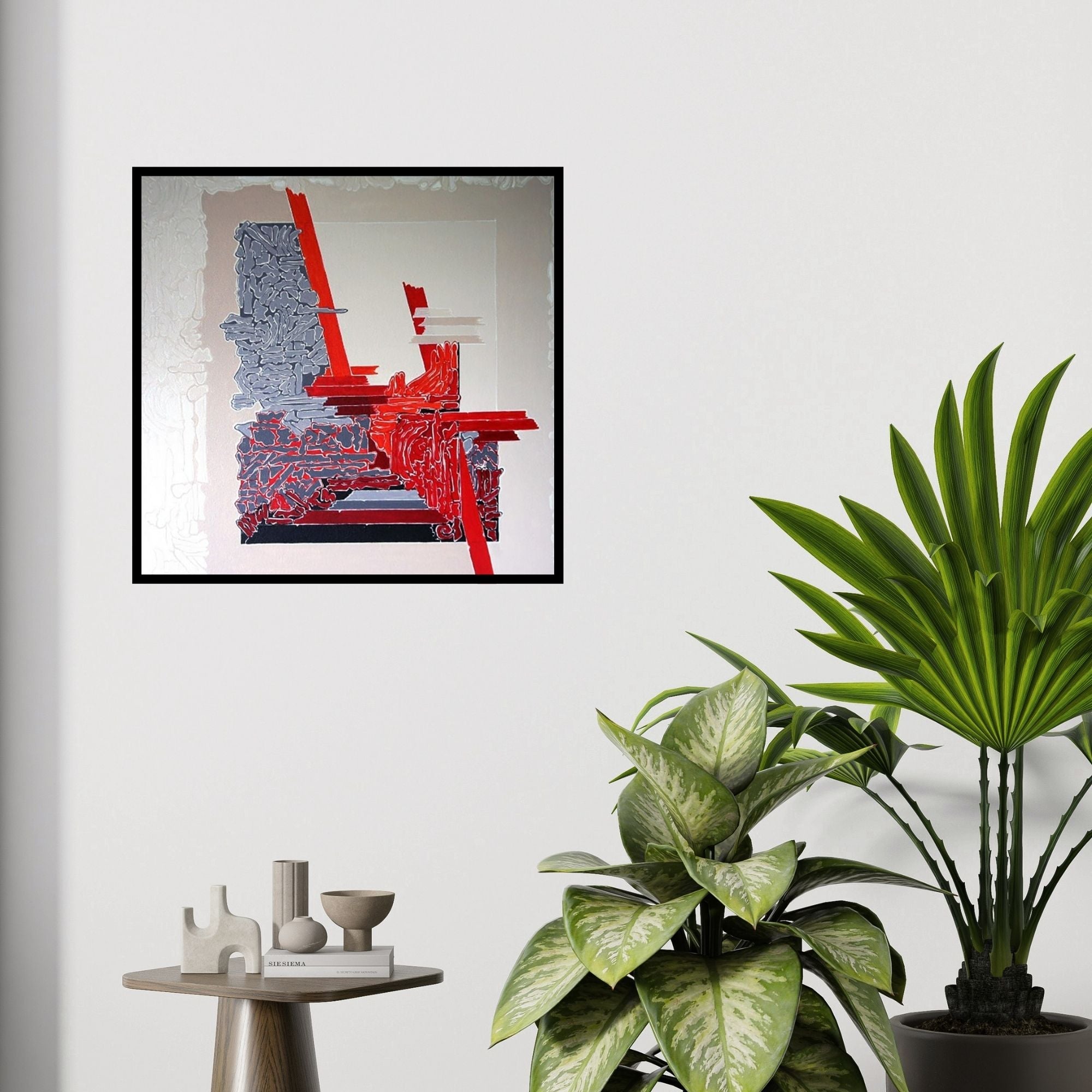 In-situ view of Veena Chitrakar's 'Symphony In Red Grey (Symphony in Red and Grey)' painting in a room