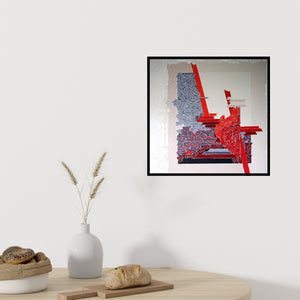 Preview of 'Symphony In Red Grey (Symphony in Red and Grey)' Painting by Veena Chitrakar shown on a wall in a furnished room.