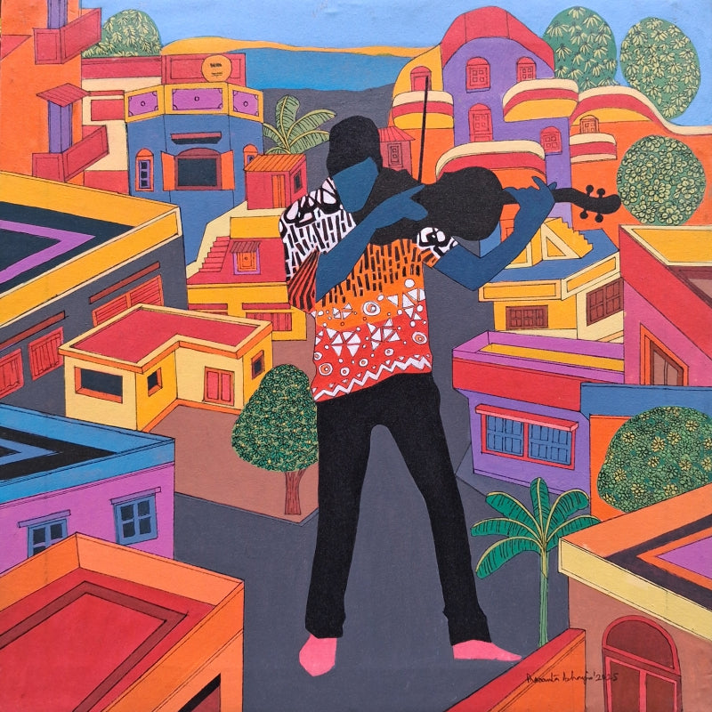 'Symphony Of The Streets' figurative acrylic painting by artist Prasanta Acharje, 24x24 inch, on canvas