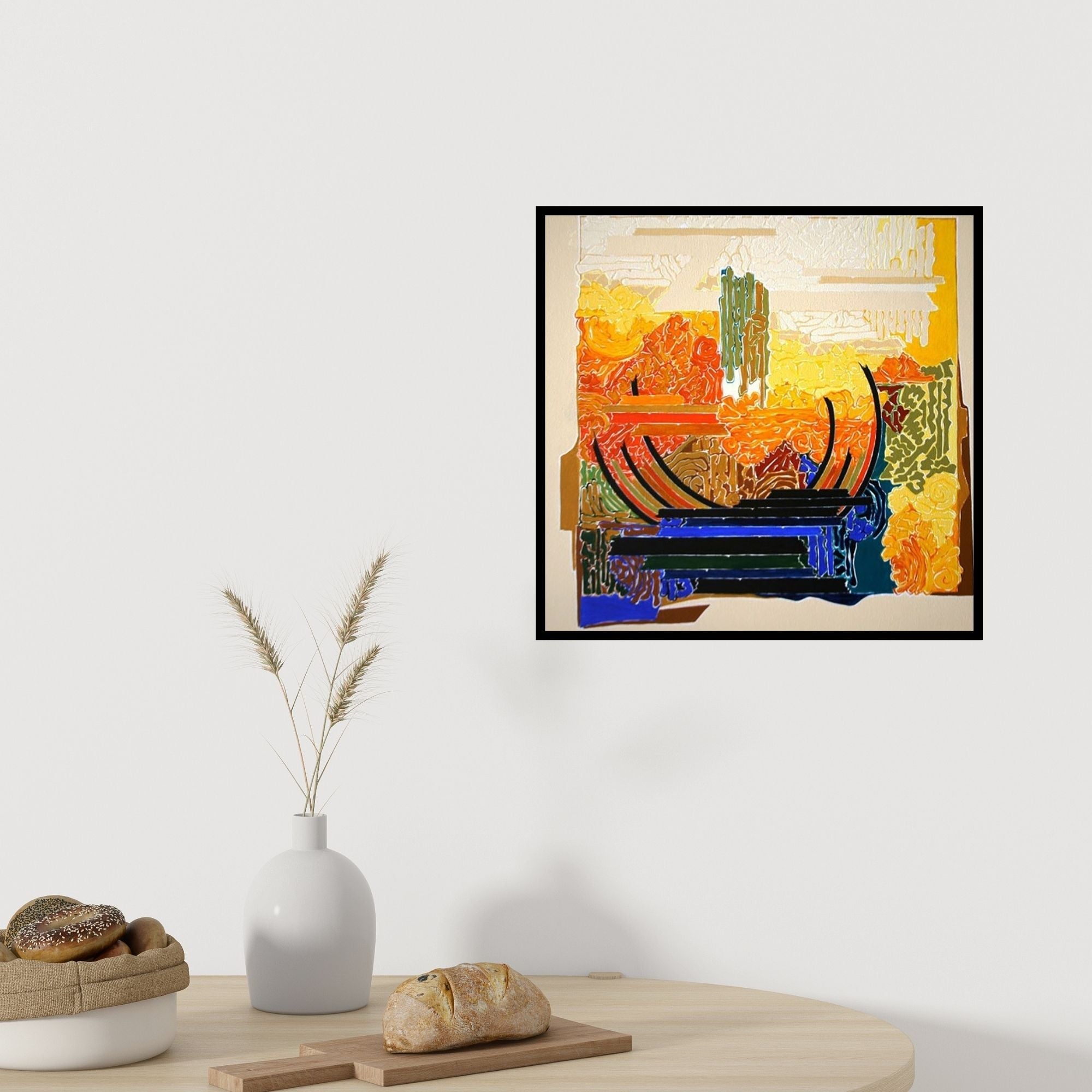 Preview of 'Symphony In Yellow 2' Painting by Veena Chitrakar shown on a wall in a furnished room.