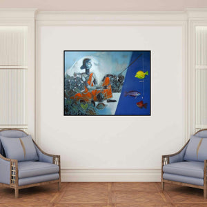 'Syncretize 3 (The Bait)' painting by Abhipsa Pradhan shown on a wall in a furnished room.