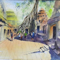 Landscape watercolor painting titled 'Ta Prohm Temple Cambodia', 15x11 inches, by artist Vivekanand Viswam on Paper