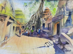 Landscape watercolor painting titled 'Ta Prohm Temple Cambodia', 15x11 inches, by artist Vivekanand Viswam on Paper