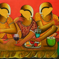A Table Of Stories' figurative acrylic painting by artist Anupam Pal, 30x54 inch, on canvas