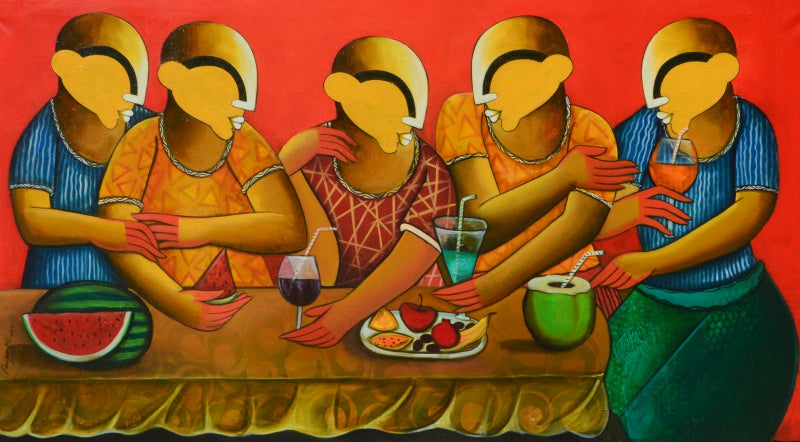A Table Of Stories' figurative acrylic painting by artist Anupam Pal, 30x54 inch, on canvas