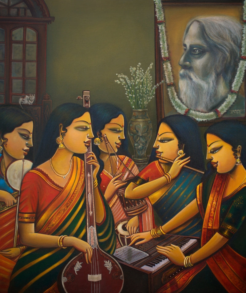'In Tagores Harmony' figurative acrylic painting by artist Sumon Naskar, 36x30 inch, on canvas