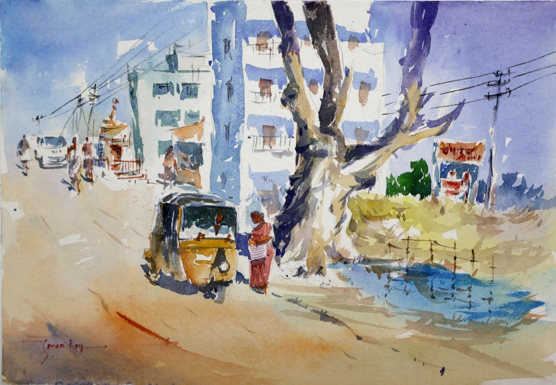 Take Me To The Market' landscape watercolor painting by artist Soven Roy, 10x14 inch, on paper