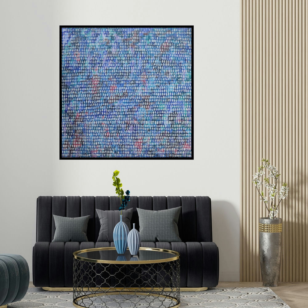 Ketki Fadnis's 'Take Me Through (Digital Dawn)' painting visualized above a sofa in a contemporary room.