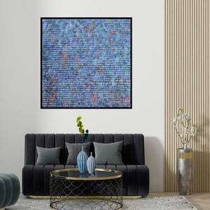 Ketki Fadnis's 'Take Me Through (Digital Dawn)' painting visualized above a sofa in a contemporary room.
