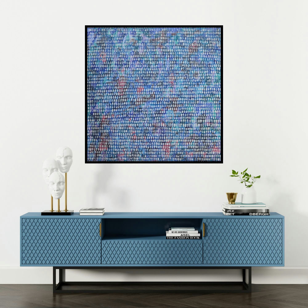 'Take Me Through (Digital Dawn)' painting by Ketki Fadnis shown on a wall in a furnished room.