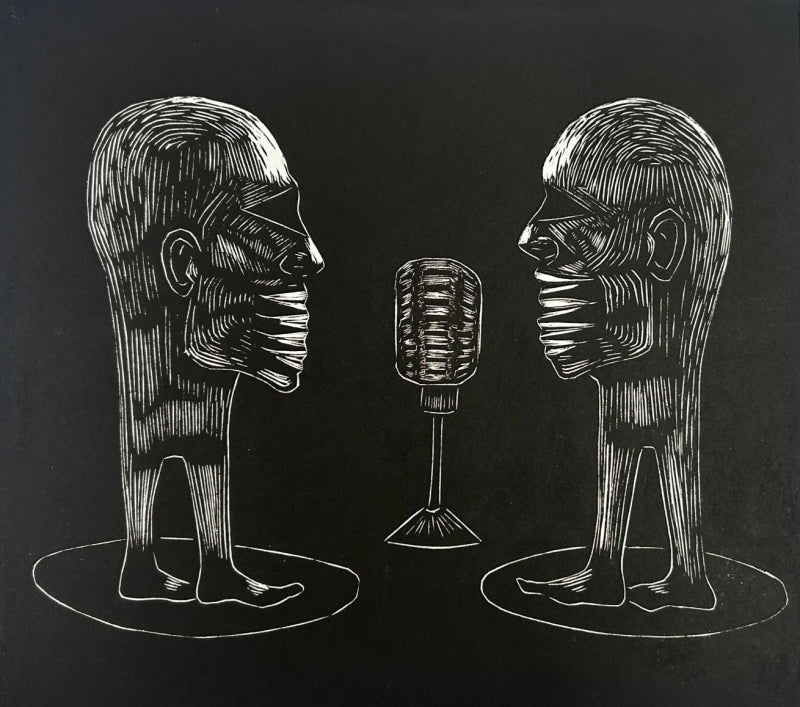 Talk Talk' contemporary wood cut printmaking by artist Prashant Kuwar, 20x22 inch, on paper