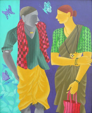 Talking Couple (Conversation) by Abhiram Bairu, Original Acrylic Figurative Painting on Canvas, Medium Vertical Wall Art