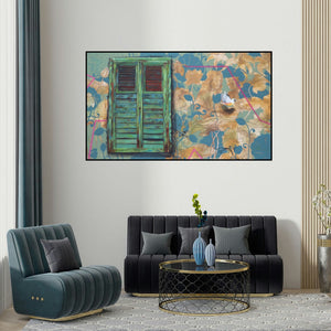 Gopal Roy's 'Talking With Wall (Eternal Rhapsody)' painting visualized above a sofa in a contemporary room.
