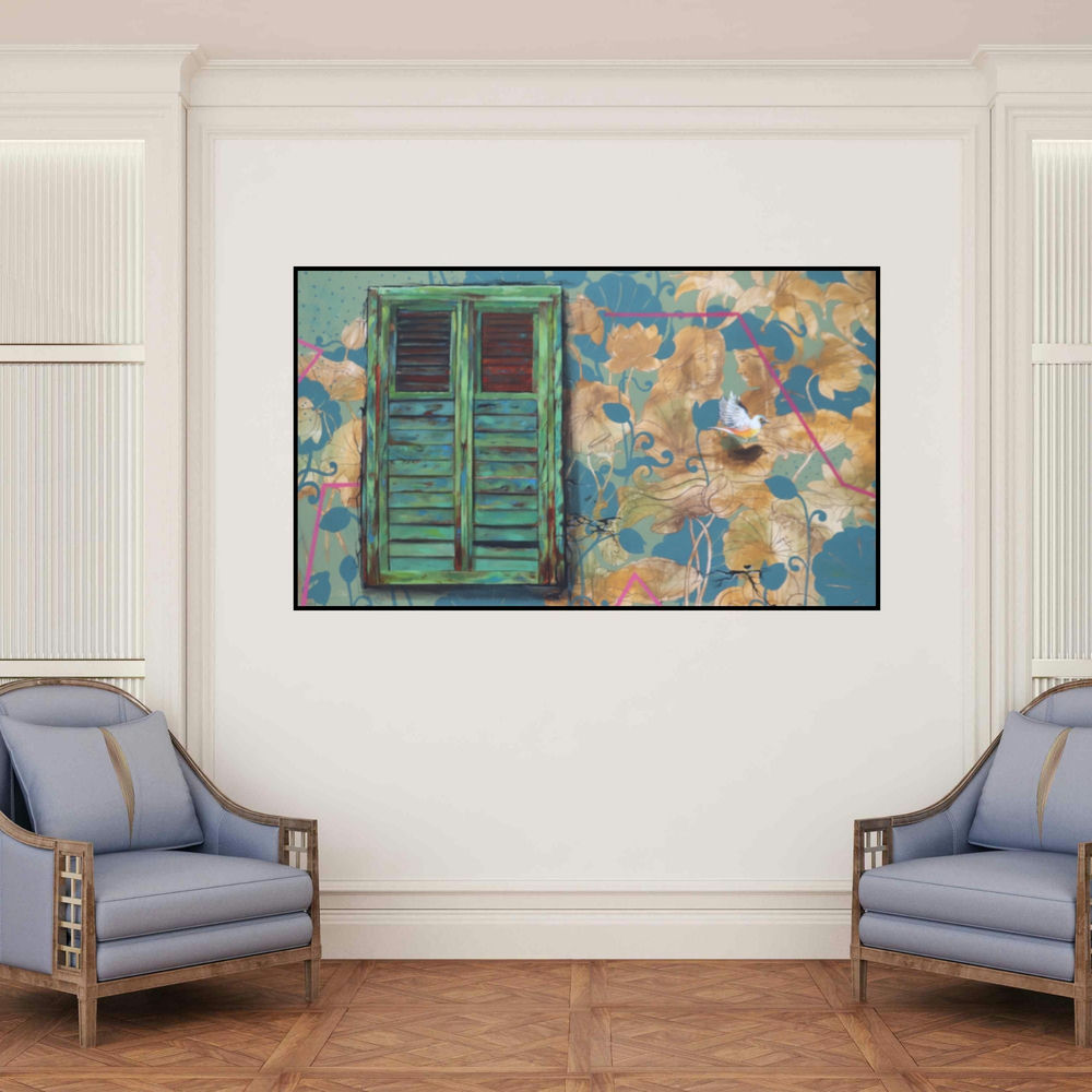 'Talking With Wall (Eternal Rhapsody)' painting by Gopal Roy shown on a wall in a furnished room.