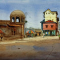 Cityscape watercolor painting titled 'Tamboli Pan Bhandar', 14x21 inches, by artist Ashwin Khapare on Paper