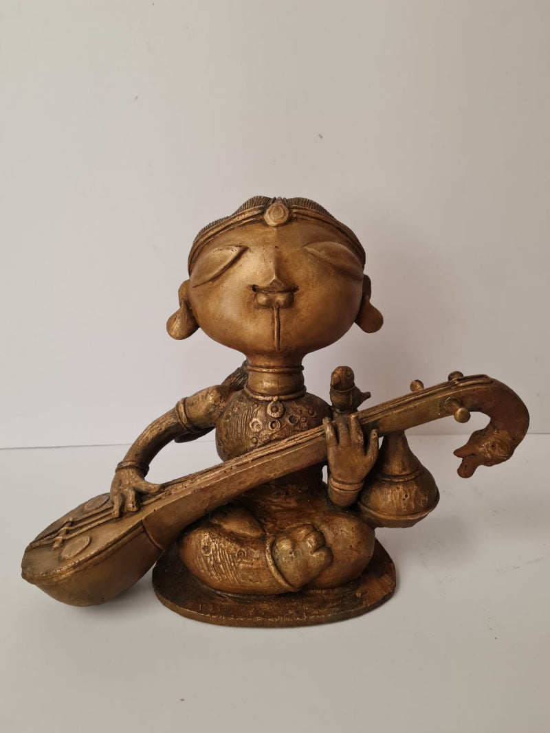 'Tambura Girl The Singer' figurative Bronze sculpture by artist G Subramanian, 11x6 inch, on bronze