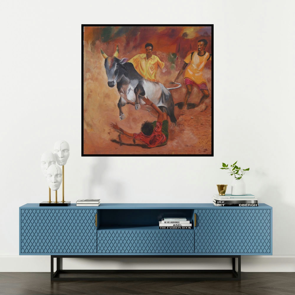 'Tamilnadu Bull Fight' painting by Vignesh Kumar shown on a wall in a furnished room.
