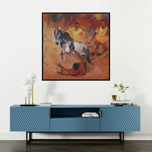 'Tamilnadu Bull Fight' painting by Vignesh Kumar shown on a wall in a furnished room.