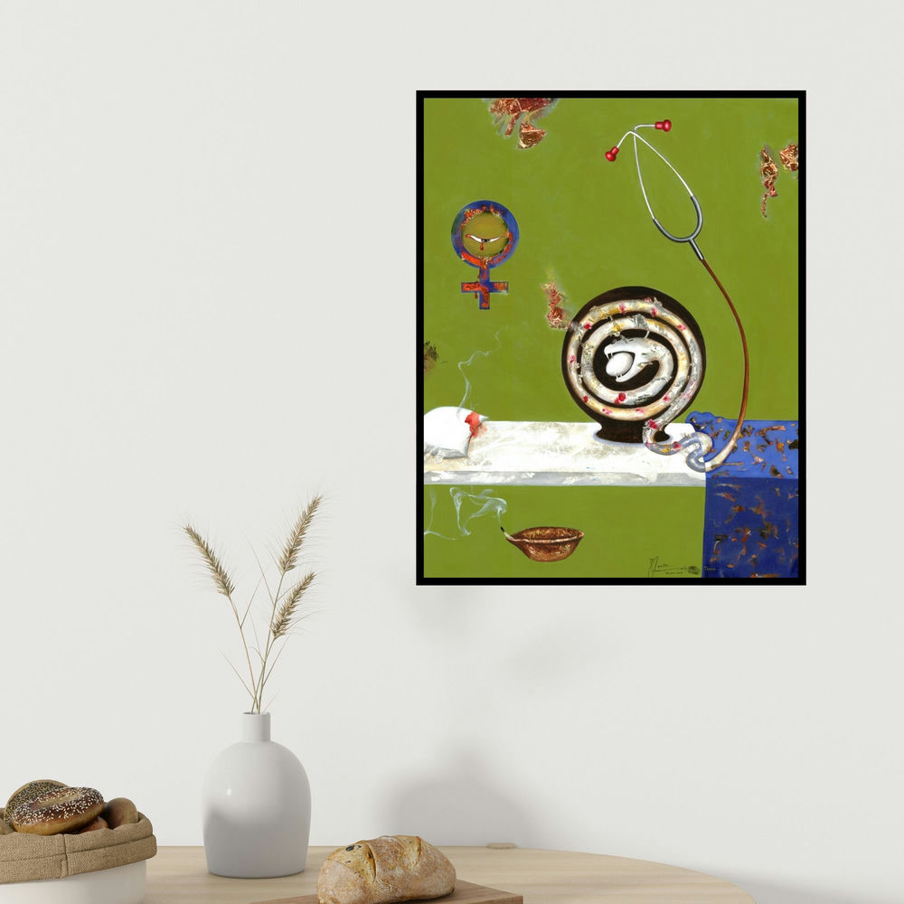 Zakir Hussain Shaikh's 'Abortion (Medical Symbols in a Surreal Setting)' painting visualized above a sofa in a contemporary room.