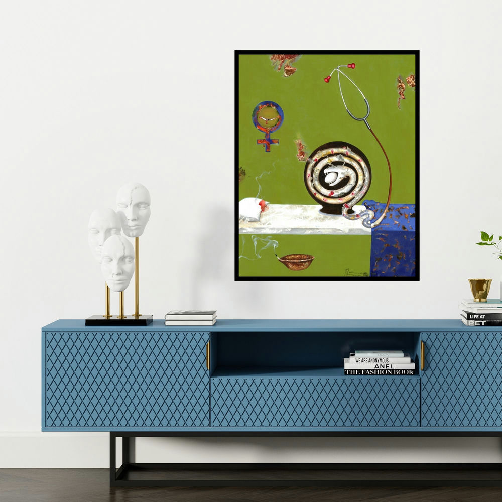 'Abortion (Medical Symbols in a Surreal Setting)' painting by Zakir Hussain Shaikh shown on a wall in a furnished room.