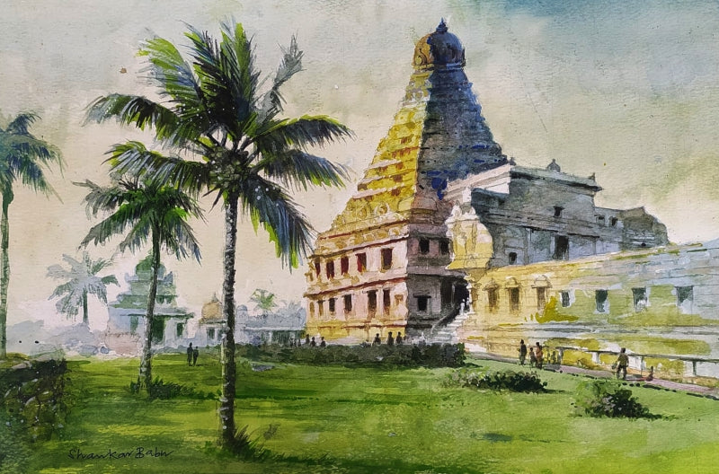 Tanjavur Bif Temple' religious watercolor painting by artist Sankara Babu, 11x17 inch, on paper