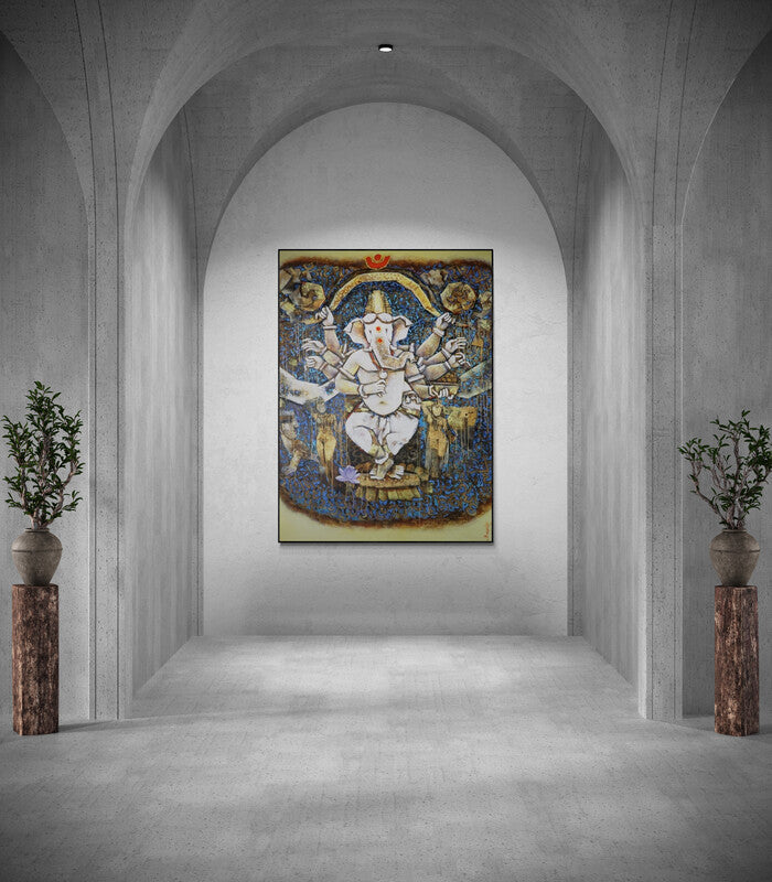 In-situ view of Manas Jena's 'Tantra Ganesha (Dancing Ganesha)' painting in a room