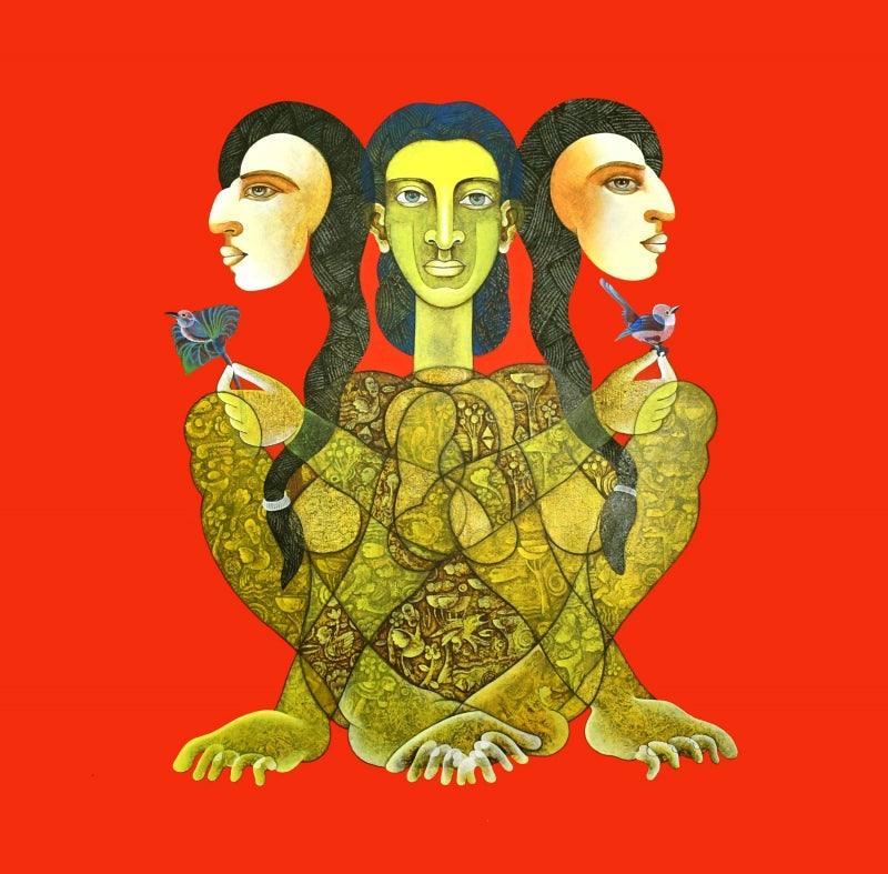 contemporary acrylic charcoal painting titled 'Tapasvini 1', 48x48 inches, by artist Dharmendra Kumar on Canvas