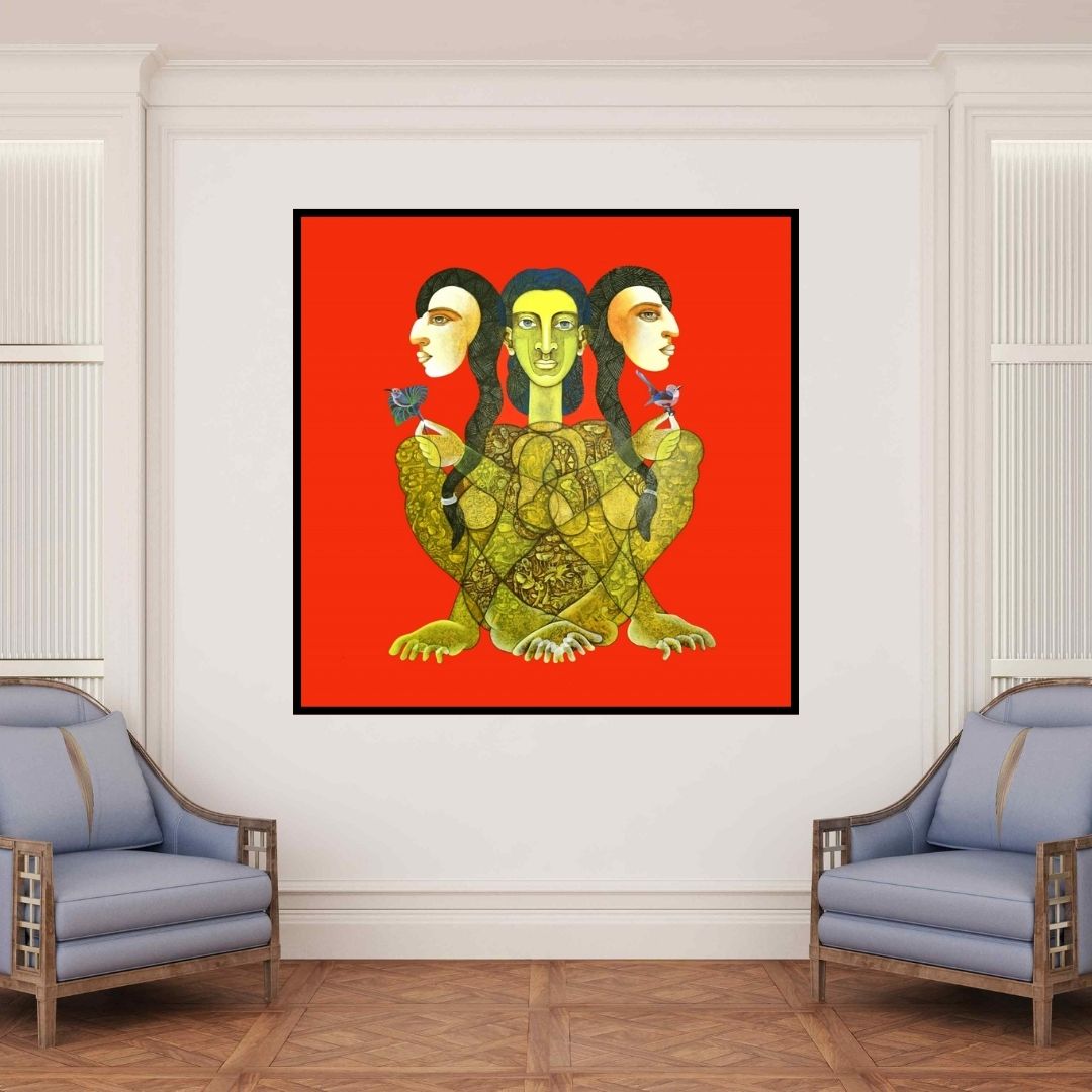 In-situ view of Dharmendra Kumar's 'Tapasvini 1 (The Triple Goddess)' painting in a room