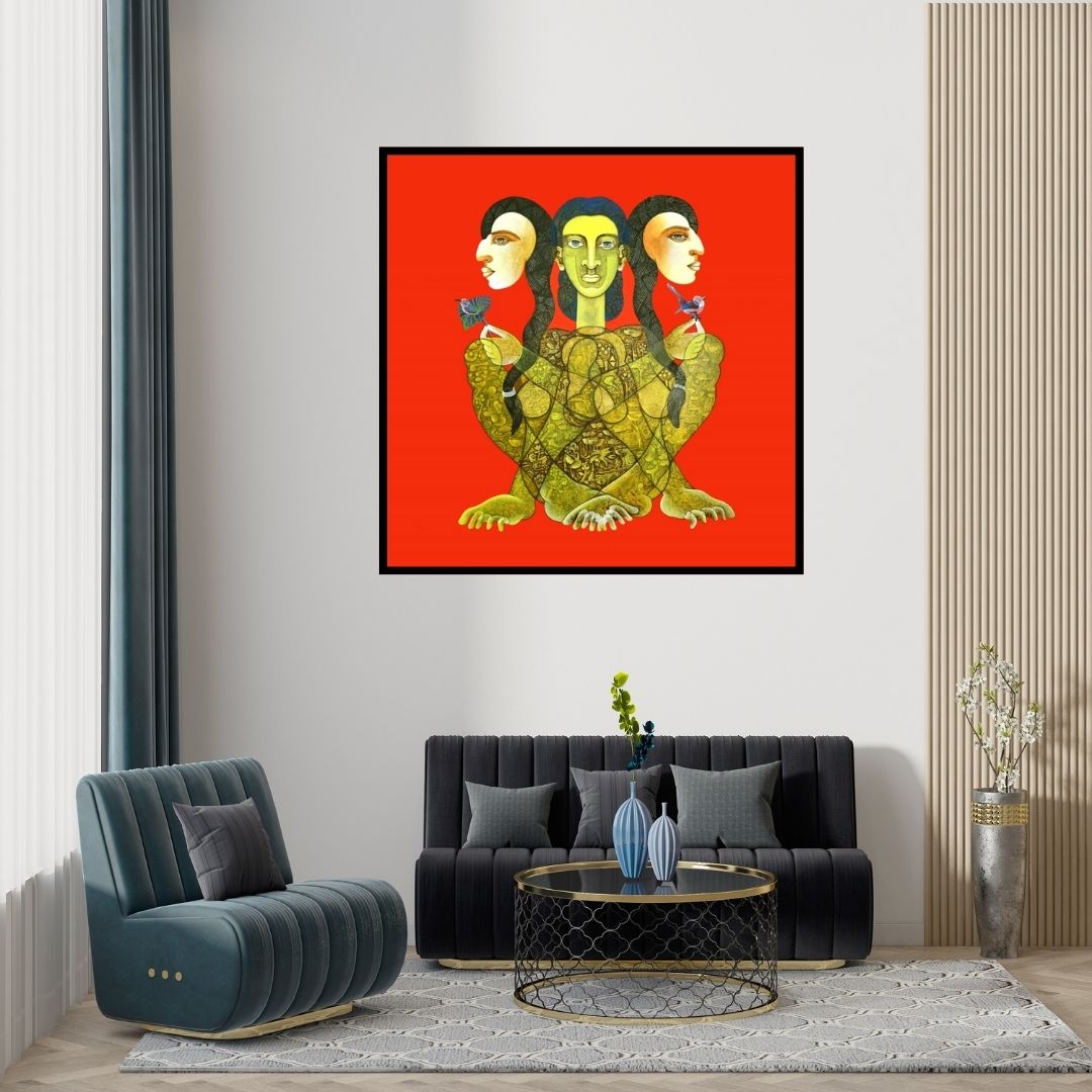 Preview of 'Tapasvini 1 (The Triple Goddess)' Painting by Dharmendra Kumar shown on a wall in a furnished room.