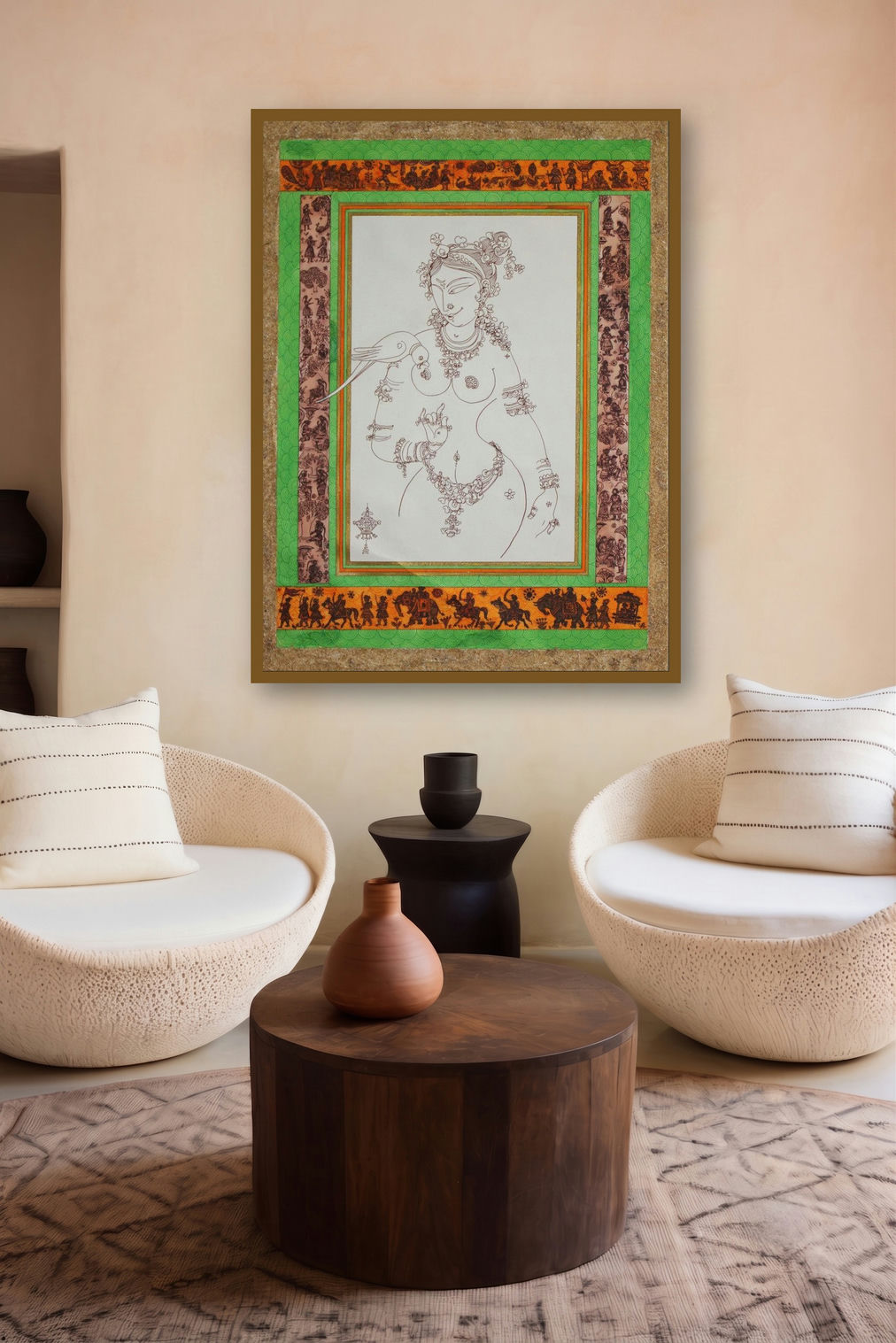 Tarunai (Whispers of the Soul: A Woman and Her Parrot) by artist Satish Chavhan displayed in a Curated gallery