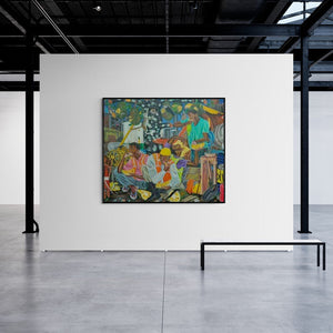 Rejeesh Sarovar's painting 'Taste Of Last Fruit' displayed in a modern living room setting