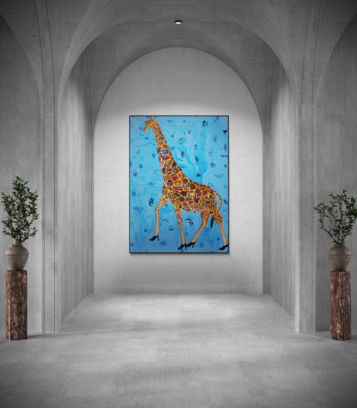 Raghavendar Angali's painting 'Tattoo Fashion (The Curious Giraffe)' displayed in a modern living room setting