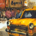 Taxi Tales' cityscape watercolor painting by artist Subrata Malakar, 22x30 inch, on paper