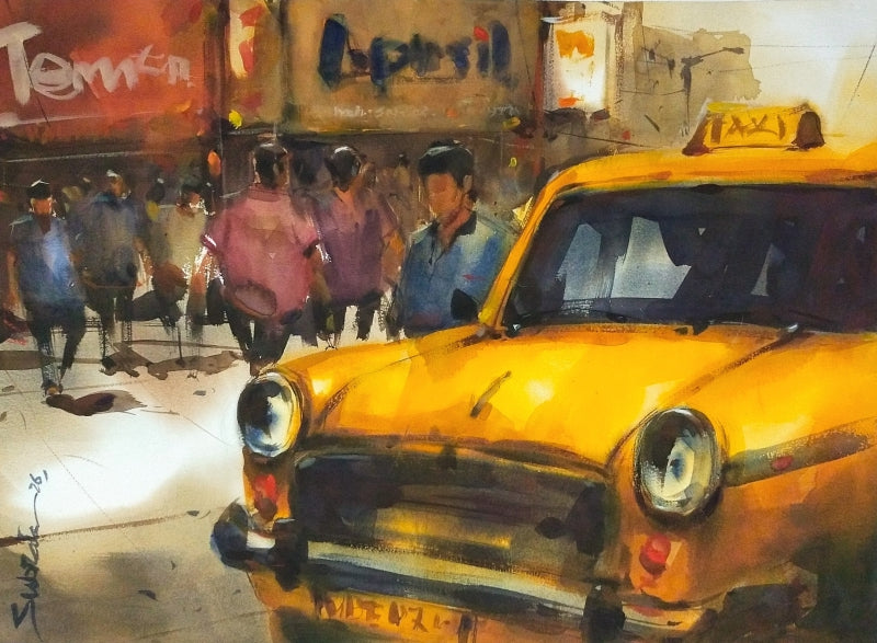 Taxi Tales' cityscape watercolor painting by artist Subrata Malakar, 22x30 inch, on paper