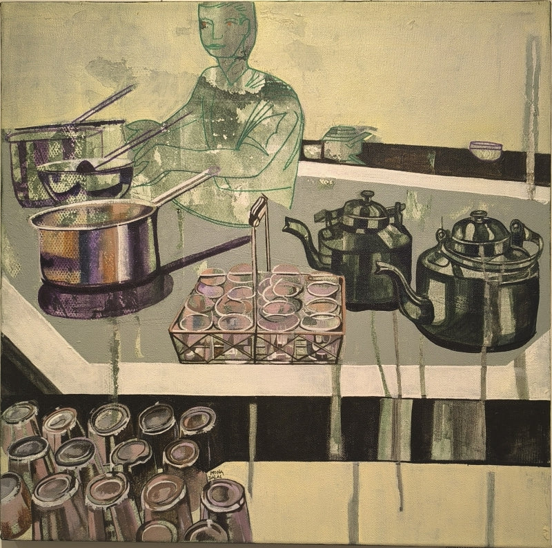 The Tea Maker Pause' still-life acrylic painting by artist Mona Dalal, 18x18 inch, on canvas