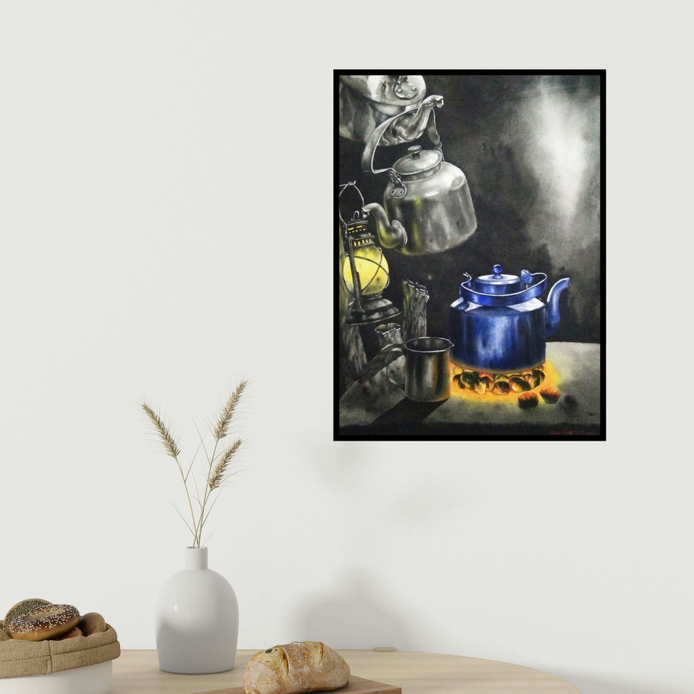 Saikat Maity's 'Tea Time (Ember Glow)' painting visualized above a sofa in a contemporary room.