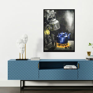 'Tea Time (Ember Glow)' painting by Saikat Maity shown on a wall in a furnished room.